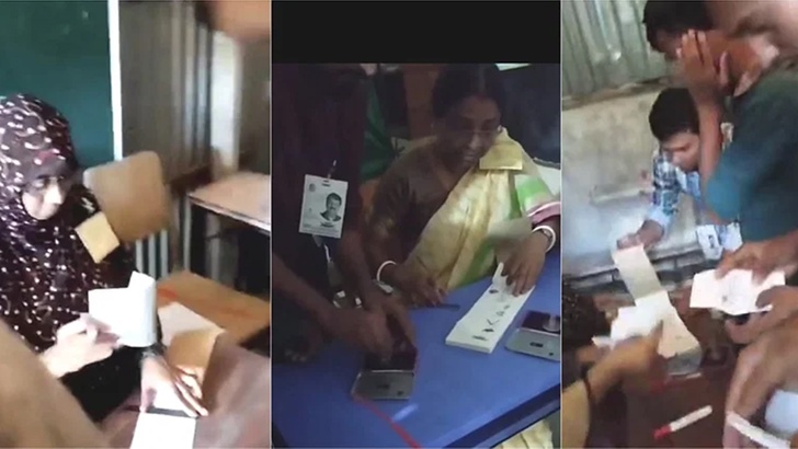 ব্যালট ছিঁড়ে দিচ্ছেন নির্বাচন কর্মকর্তা,  ‘নৌকা মার্কায় সিল মারো’ বলছেন যুবক